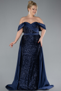 Navy Blue Boat Neck Tail Long Sequined Plus Size Evening Gown ABU4516