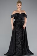 Black Boat Neck Tail Long Sequined Plus Size Evening Gown ABU4516