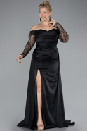 Black Laced Long Sleeve Slit Satin Plus Size Evening Dress ABU4348