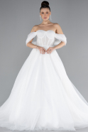 White Boat Neck Stoned Long Princess Wedding Dress ABU4529