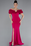 Fuchsia Boat Neck Slit Long Evening Dress ABU4080