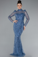 Indigo Long Sleeve High Collar Stoned Evening Gown ABU4526