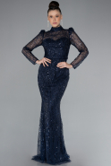 Navy Blue Long Sleeve High Collar Stoned Evening Gown ABU4526