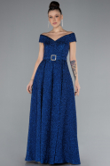 Sax Blue Boat Neck Belted Long Silvery Evening Dress ABU4532