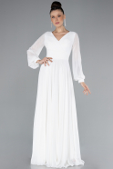 White Long Sleeve V Neck Chiffon Evening Dress ABU4533