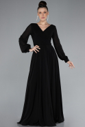 Black Long Sleeve V Neck Chiffon Evening Dress ABU4533