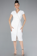 White Short Sleeve Double Breasted Collar Midi Cocktail Dress ABK2205