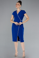 Sax Blue Short Sleeve Double Breasted Collar Midi Cocktail Dress ABK2205