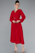 Red Long Sleeve Chiffon Midi Cocktail Dress ABK2206