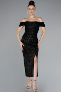 Black Boat Neck Slit Midi Sequined Evening Dress ABK2207