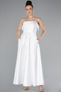 White Strappy Midi Satin Evening Dress ABK2210