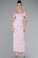 Powder Color Satin Boat Neck Stone Midi Evening Dress ABK2212