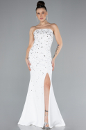 White Strapless Stoned Slit Long Evening Gown ABU4535