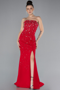 Red Strapless Stoned Slit Long Evening Gown ABU4535