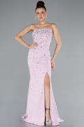 Powder Color Strapless Stoned Slit Long Evening Gown ABU4535