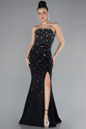 Black Strapless Stoned Slit Long Evening Gown ABU4535