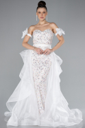 White Strapless Stone Tailed Long Special Design Evening Gown ABU4538