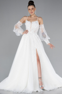 White Slit Laced Sleeve Accessories Long Wedding Dress ABU4537