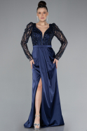 Navy Blue Stoned Long Sleeve Slit Satin Evening Gown ABU4499