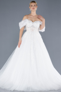 White Floral Boat Neck Glitter Long Wedding Dress ABU4571