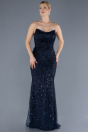 Navy Blue Strapless Beaded Long Mermaid Evening Gown ABU4563