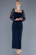 Navy Blue Sequined Long Sleeve Square Neck Midi Invitation Dress ABK2216