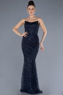 Navy Blue Strapless Beaded Long Mermaid Evening Gown ABU4563