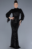 Black Long Sleeve High Collar Sequined Evening Gown ABU4564