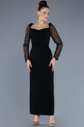 Black Sequined Long Sleeve Square Neck Midi Invitation Dress ABK2216