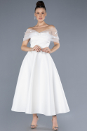 White Boat Neck Midi Satin Party Dress ABK2217