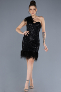 Black Feathered One Shoulder Short Scaly Evening Dress ABU4580