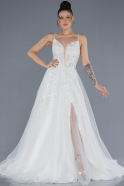 White Strappy Stone Embroidered Slit Long Wedding Dress ABU4577