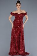 Burgundy Boat Neck Tail Long Stone Evening Gown  ABU4224