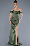 Olive Drab Boat Neck Slit Satin Long Prom Gown ABU4582