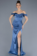 Indigo Boat Neck Slit Satin Long Prom Gown ABU4582