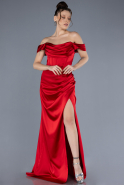 Red Boat Neck Slit Satin Long Prom Gown ABU4582