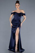 Navy Blue Boat Neck Slit Satin Long Prom Gown ABU4582