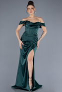 Emerald Green Boat Neck Slit Satin Long Prom Gown ABU4582