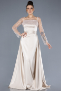 Beige Scaly Long Sleeve Satin Tail Evening Gown ABU4583