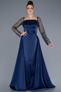 Navy Blue Scaly Long Sleeve Satin Tail Evening Gown ABU4583