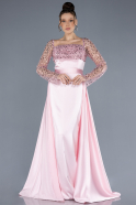 Powder Color Scaly Long Sleeve Satin Tail Evening Gown ABU4583