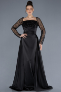 Black Scaly Long Sleeve Satin Tail Evening Gown ABU4583