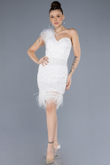 Ecru Feathered One Shoulder Short Scaly Evening Dress ABU4580