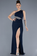 Navy Blue One Shoulder Slit Glittered Long Prom Dress ABU4599