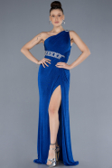 Sax Blue One Shoulder Slit Glittered Long Prom Dress ABU4599