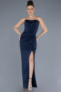 Navy Blue Stoned Strapless Slit Long Prom Gown ABU4602