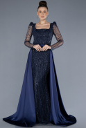 Navy Blue Long Sleeve Square Neckline Beaded Portable Tails Evening Gown ABU4603