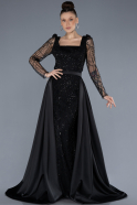 Black Long Sleeve Square Neckline Beaded Portable Tails Evening Gown ABU4603