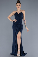 Navy Blue Strapless Slit Long Silvery Evening Dress ABU4011