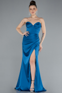 Long Oil Blue Satin Prom Gown ABU4663